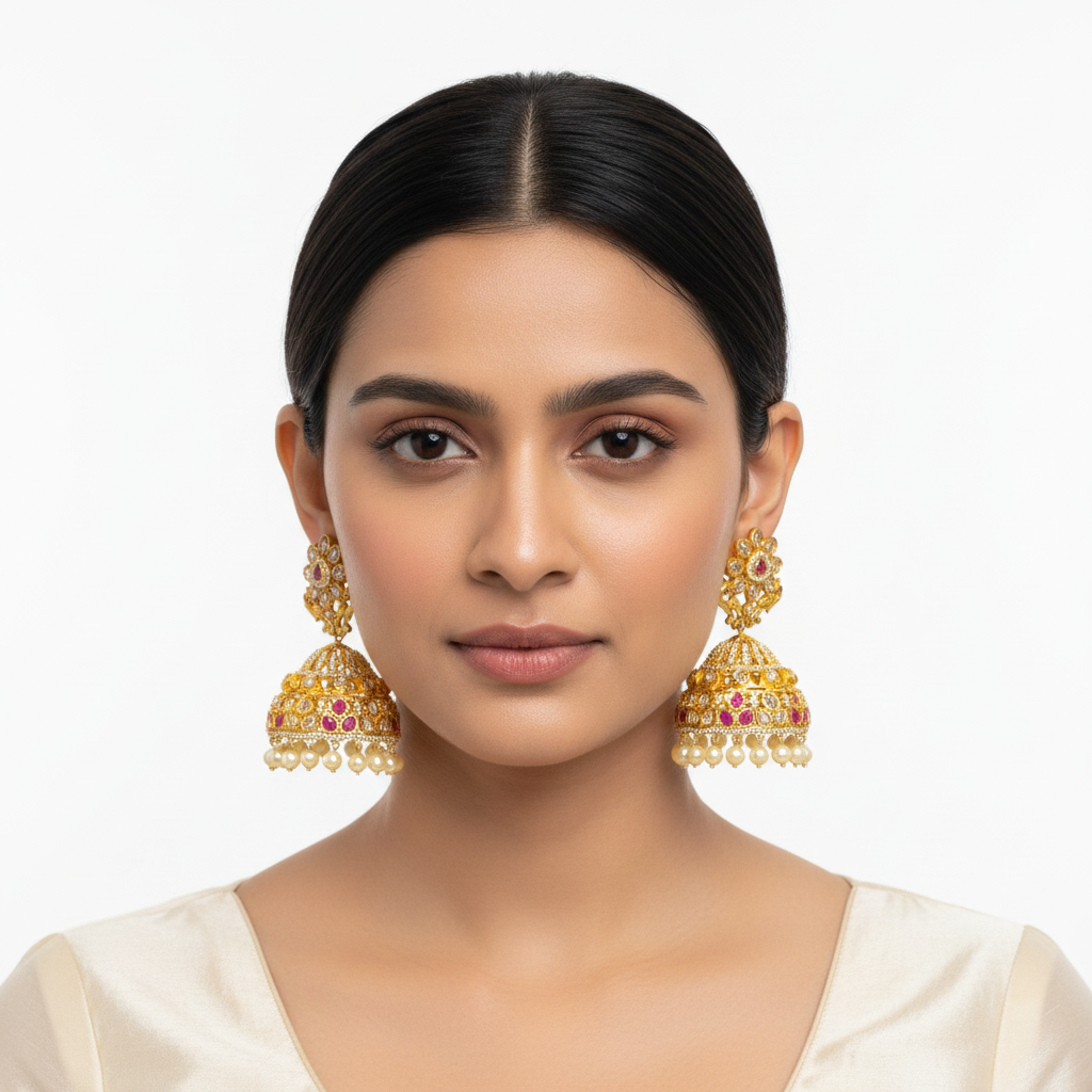 Model wearing Polki Jhumka - Ruby