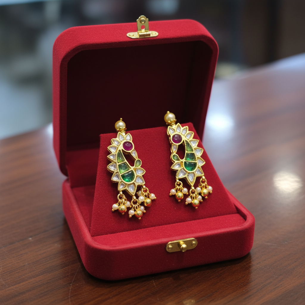 Peacock Polki Emerald Earrings - In Box