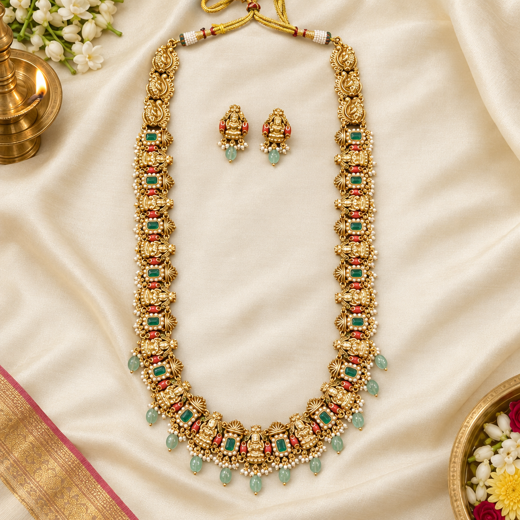 Lakshmi haram and earrings on festive flat lay