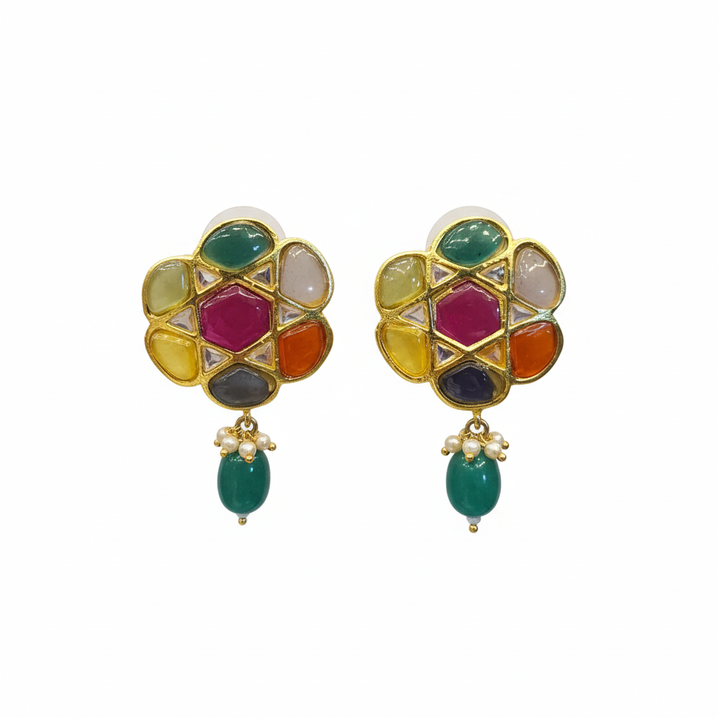 Handmade Navratna Jadau Kundan Earrings on white background