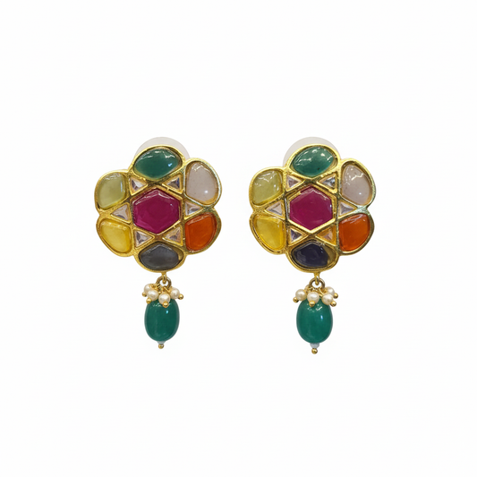 Handmade Navratna Jadau Kundan Earrings on white background