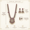 Oxidized Lakshmi long haram product specifications showing 24 inch necklace, 2 inch earrings, and push back closure