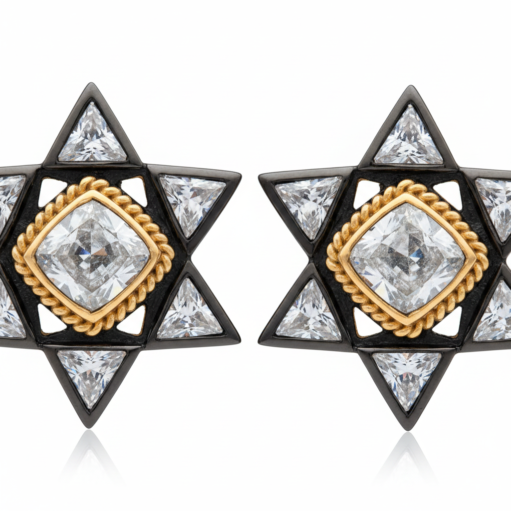 Macro close-up of Black Rhodium Polki Star Stud Earrings