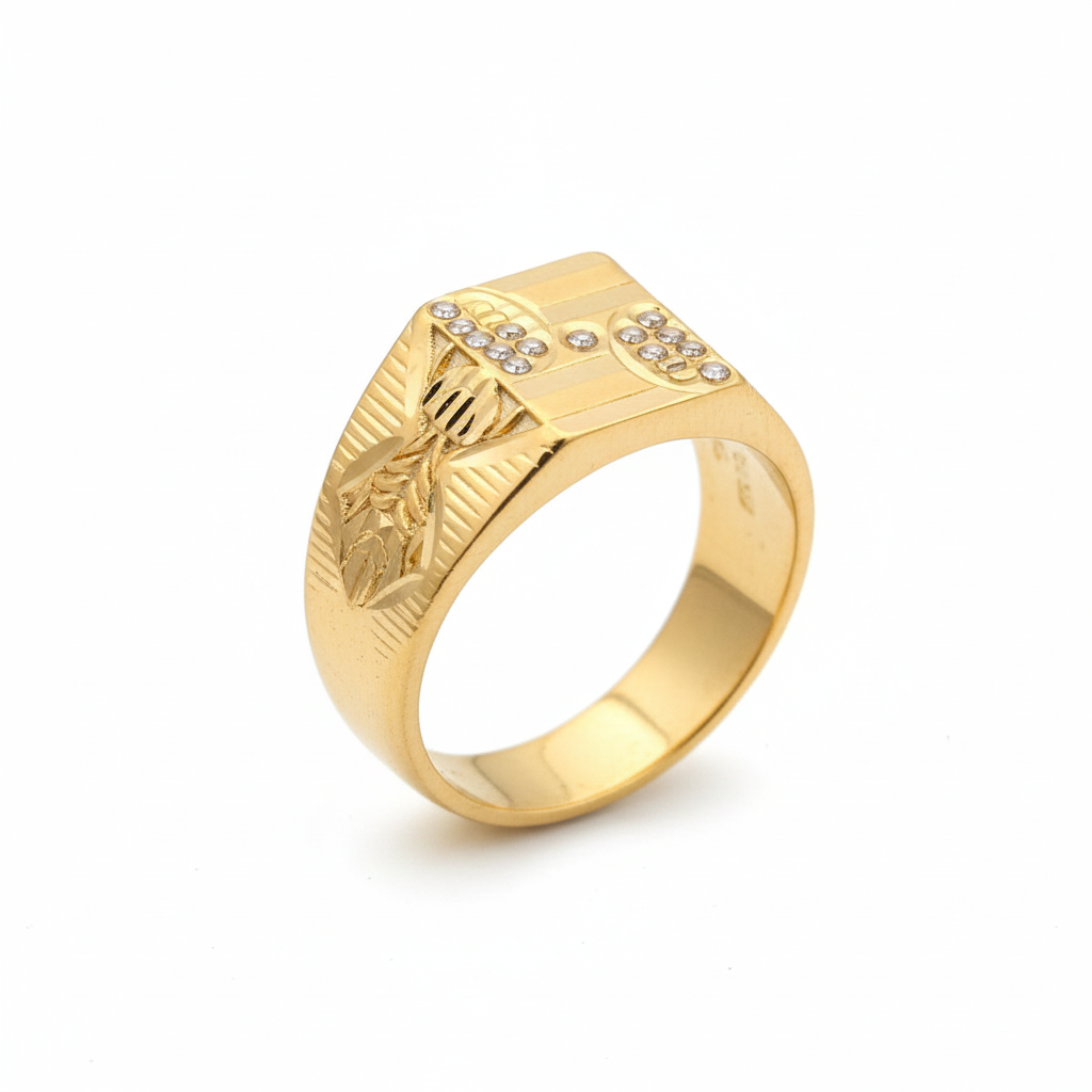 24K Gold Plated Leaf Motif Men's Ring with CZ Stones - Premium Designer Band