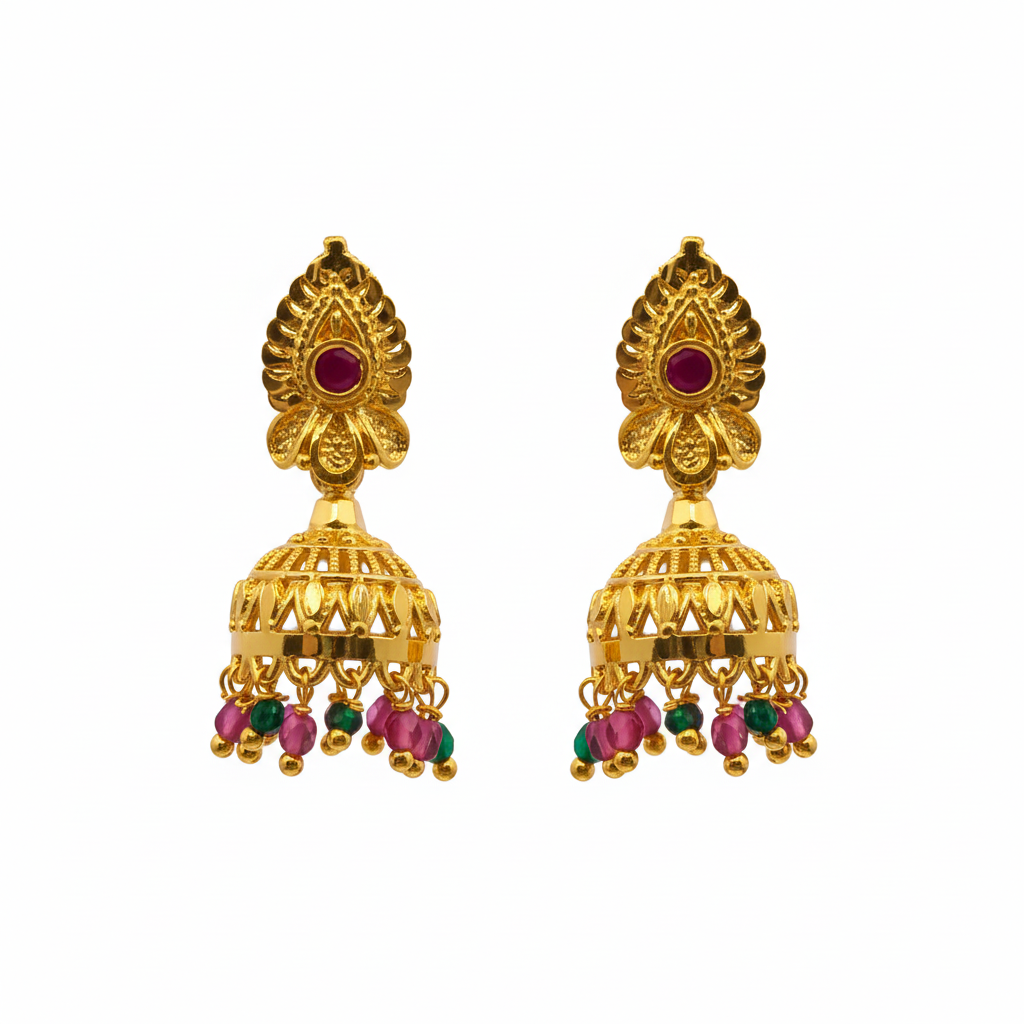 Gold Green Stone Jhumka on white background