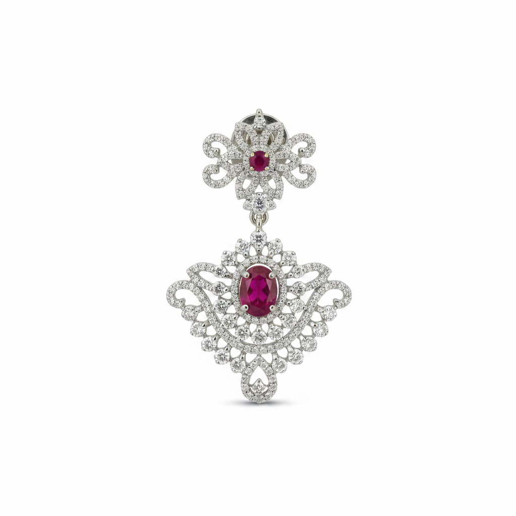 Ruby Push-Back Drop Earrings Close-Up – CZ Diamond Replica