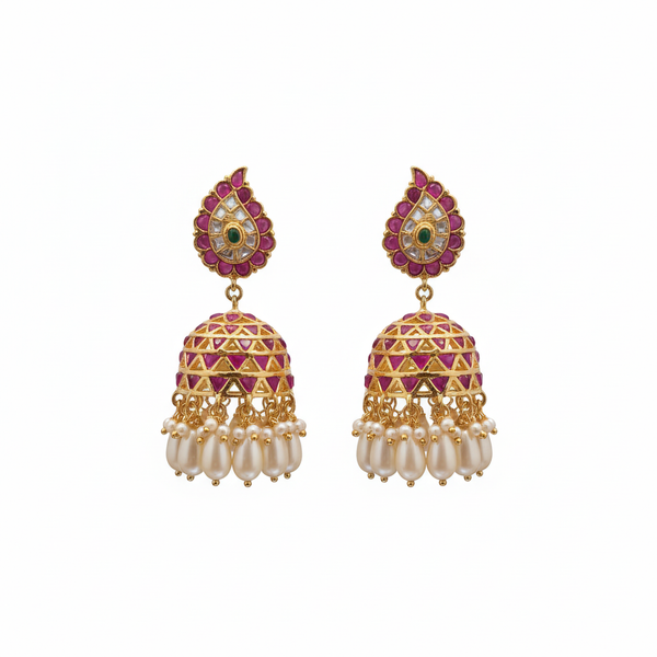 Jadau Kundan Teardrop Jhumka pair on white background – product shot