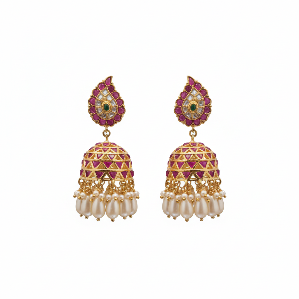 Jadau Kundan Teardrop Jhumka pair on white background – product shot