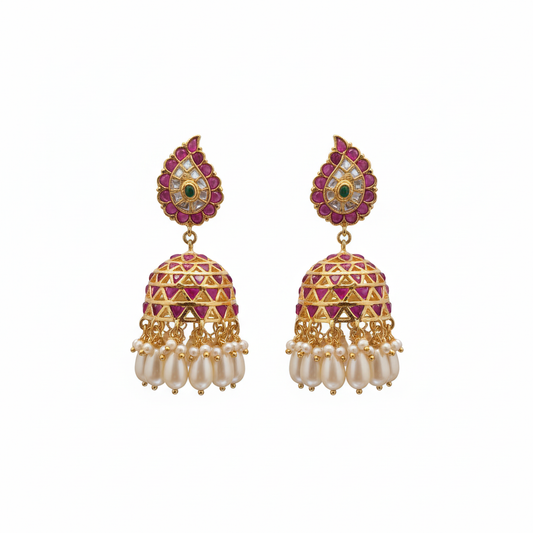 Jadau Kundan Teardrop Jhumka pair on white background – product shot