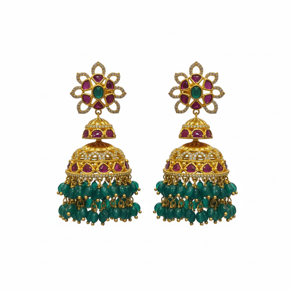 Kempu Emerald Jhumka with green bead drops on white background – gold-plated temple jewellery