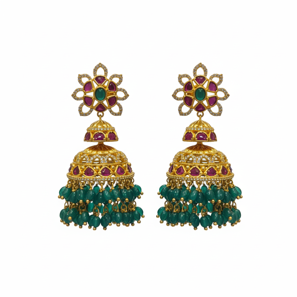 Kempu Emerald Jhumka with green bead drops on white background – gold-plated temple jewellery
