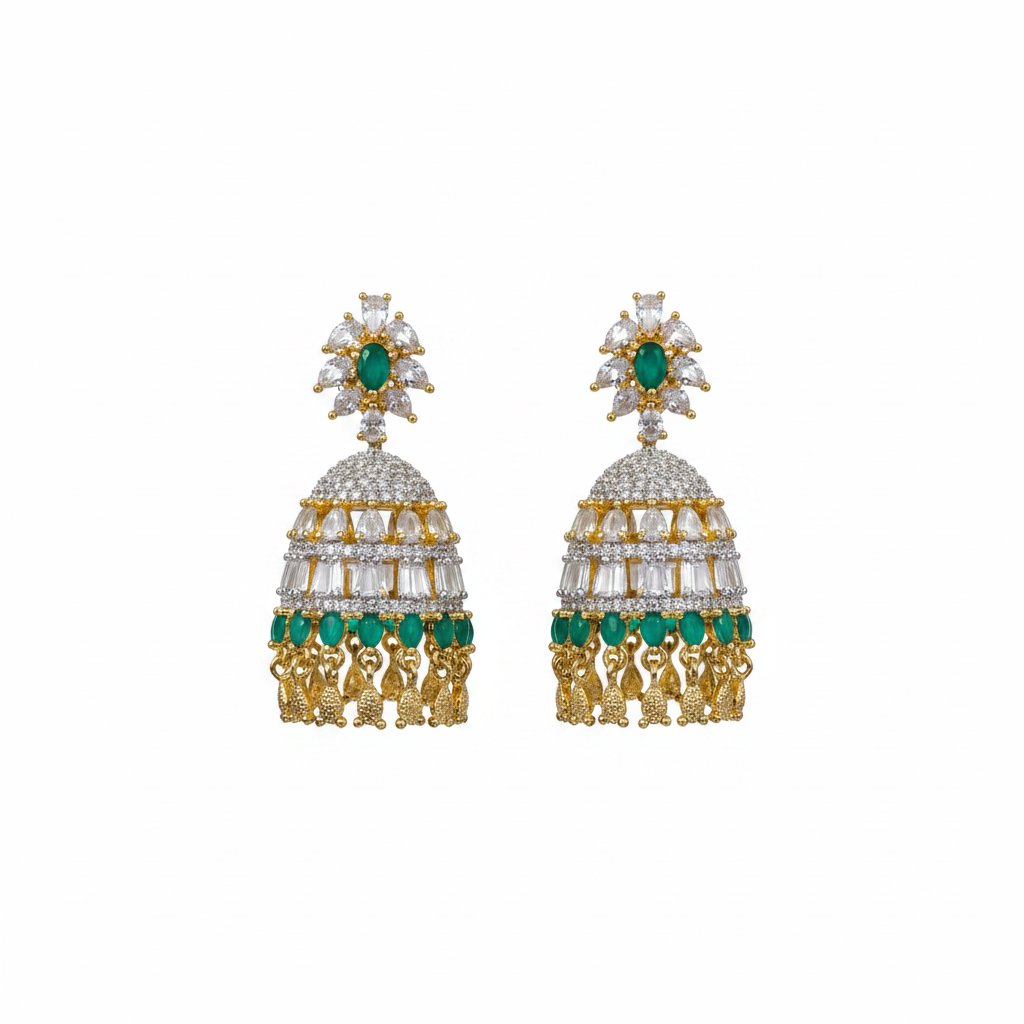 CZ Emerald Jhumki Earrings on white background