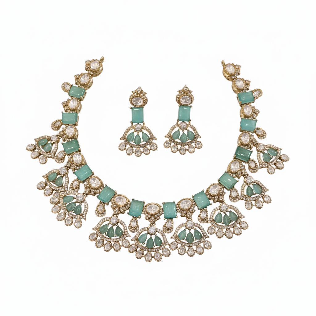 Victorian Kundan necklace set with turquoise gemstones on white background