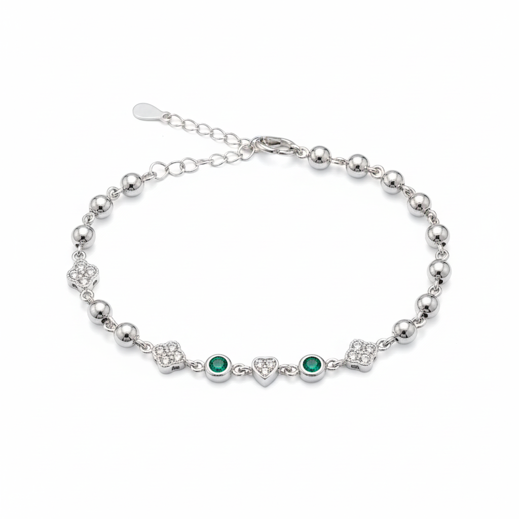 925 sterling silver bracelet with green gemstone accents on white background
