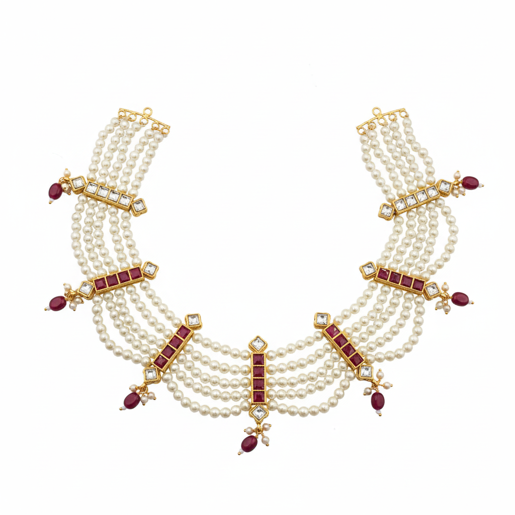 Detailed view of pearl necklace with Kundan bars and drops