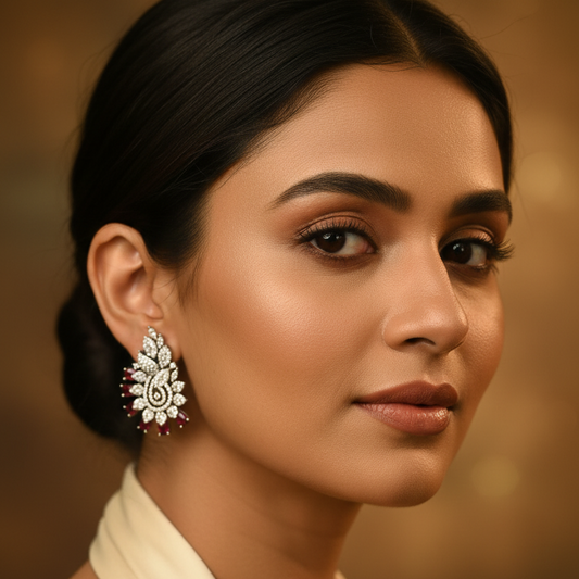 Model wearing silver plated CZ earrings - Ruby Red variant