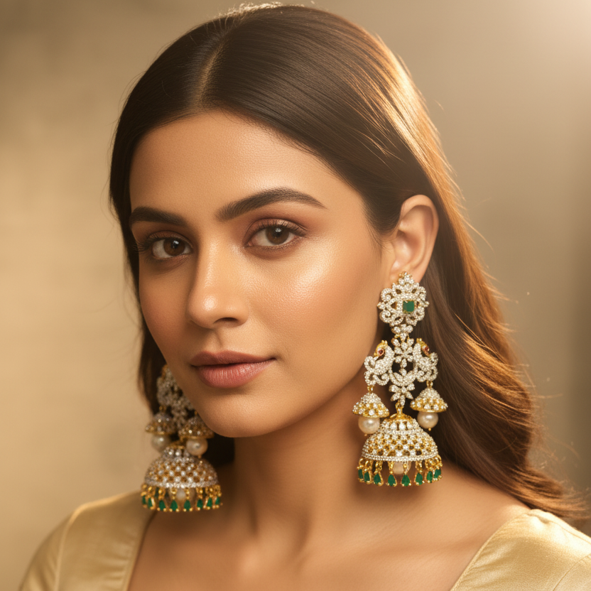 Green CZ Peacock Jhumka - Model Wear