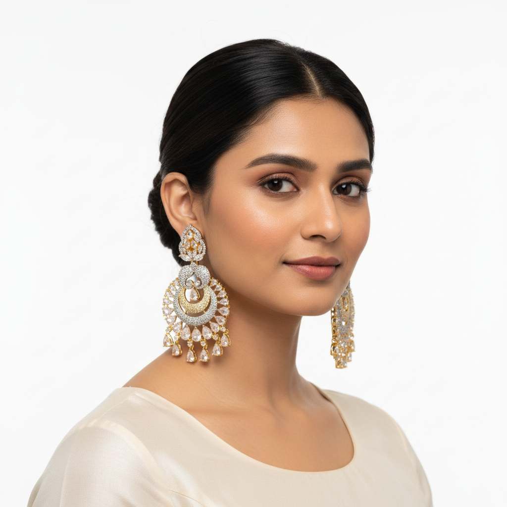 Model wearing Diamond Replica Chandbali Earrings White variant - ASP Fashion Jewellery