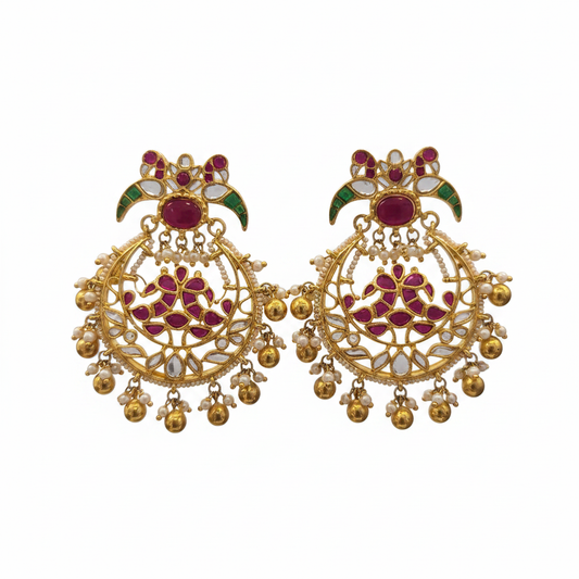 Kempu Polki Chandbali Earrings on pure white background, studio shot