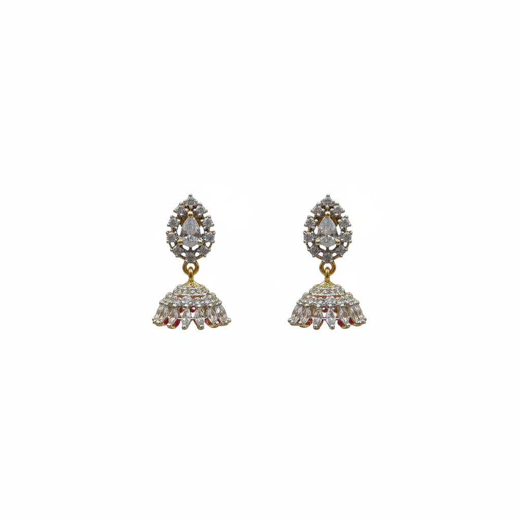 Diamond look rhodium gold plated jhumka earrings with zircon stones