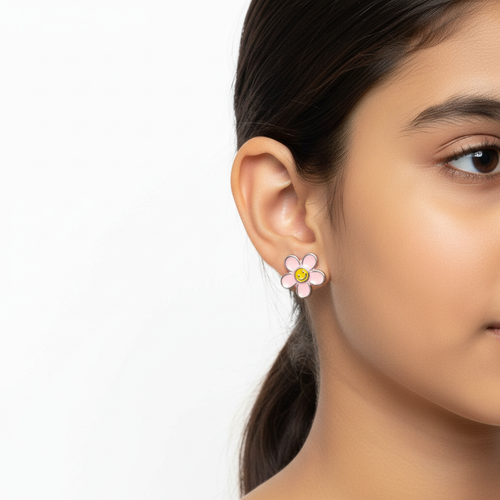 925 Silver Flower Earrings for Kids - Pink Daisy Studs with Yellow Center