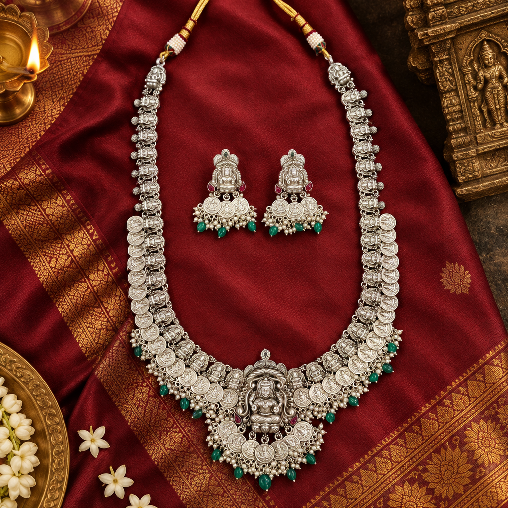 Oxidized Lakshmi long haram necklace and matching jhumka earrings in a cultural Indian flat lay