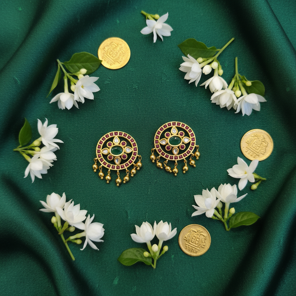 Round Kundan Kempu Studs - Flat Lay on Green Silk