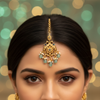 Lifestyle shot of peacock maang tikka with aqua beads worn on forehead