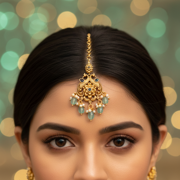 Lifestyle shot of peacock maang tikka with aqua beads worn on forehead