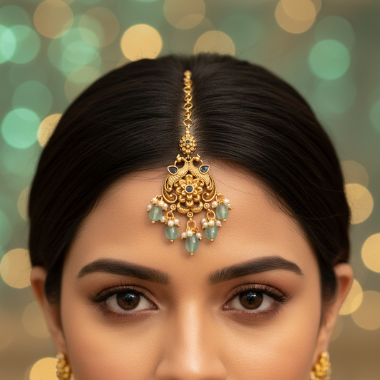 Lifestyle shot of peacock maang tikka with aqua beads worn on forehead