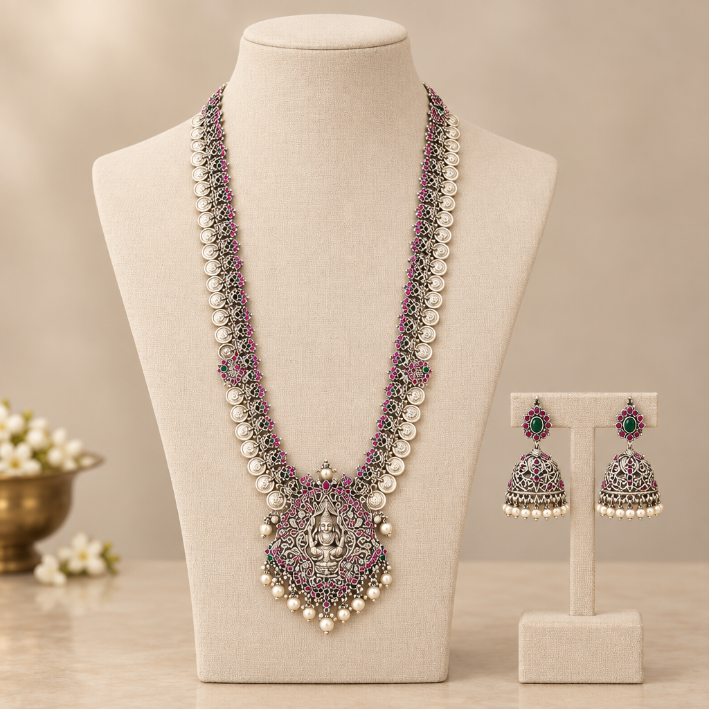 Oxidized Lakshmi long haram necklace and matching jhumka earrings on a mannequin
