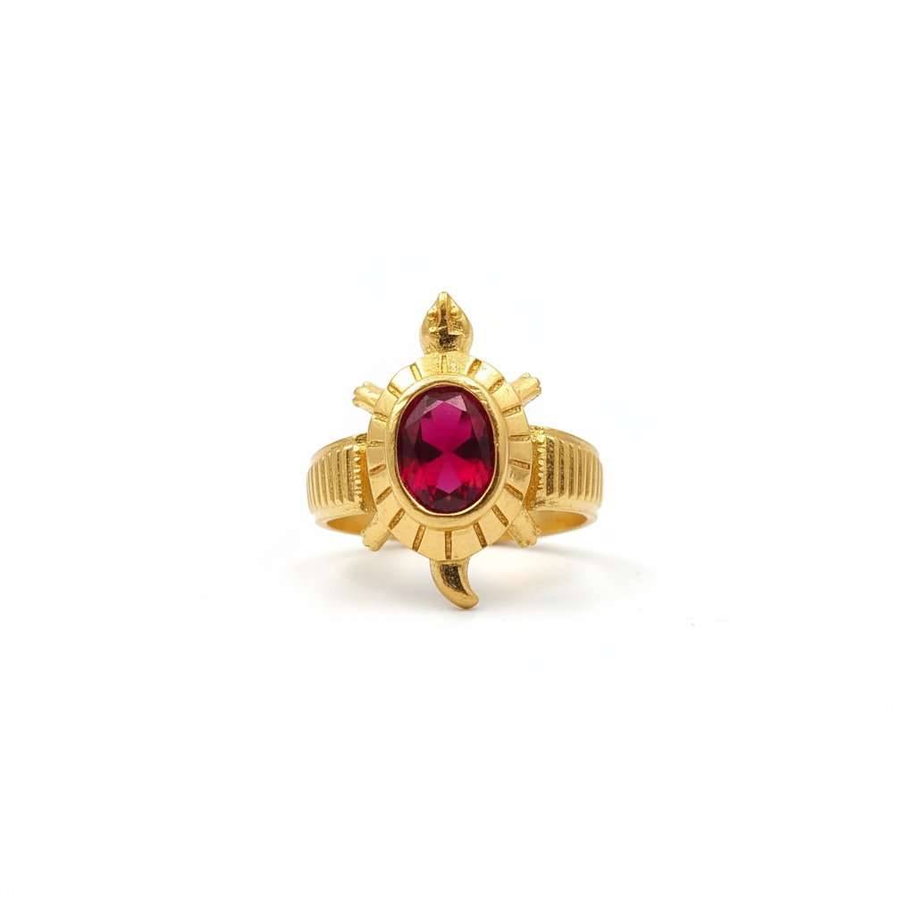 Gold turtle ring red stone white background