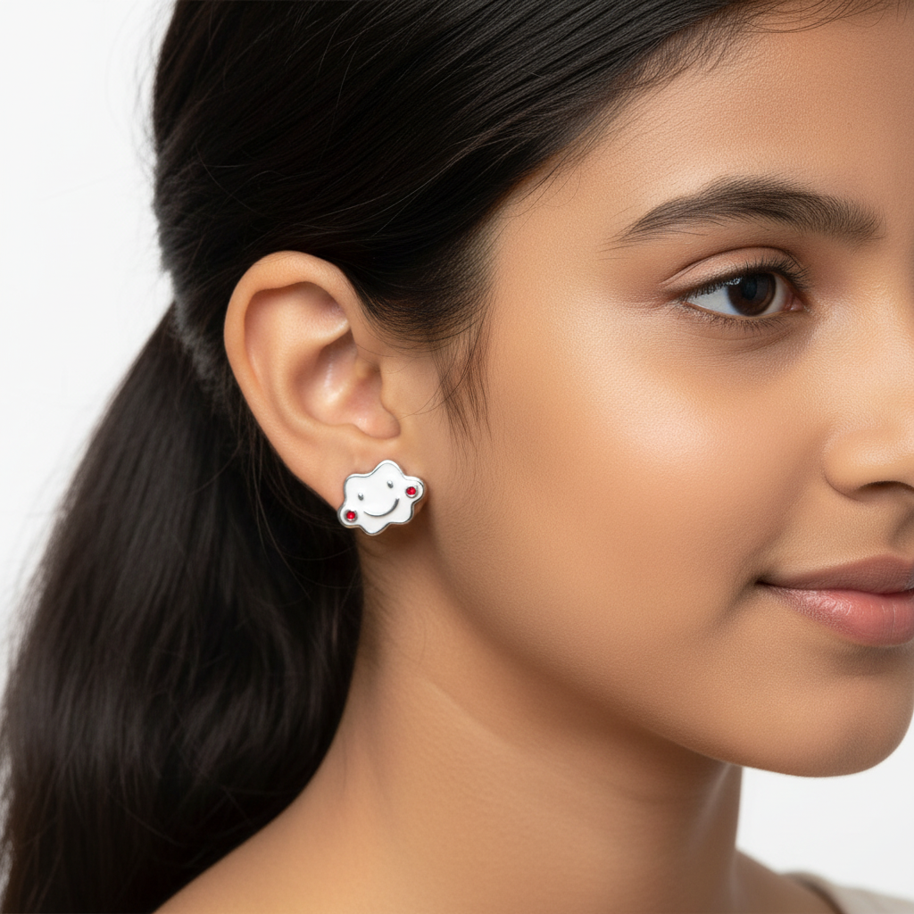925 Silver White Cloud Earrings for Kids - Smiling Character Studs