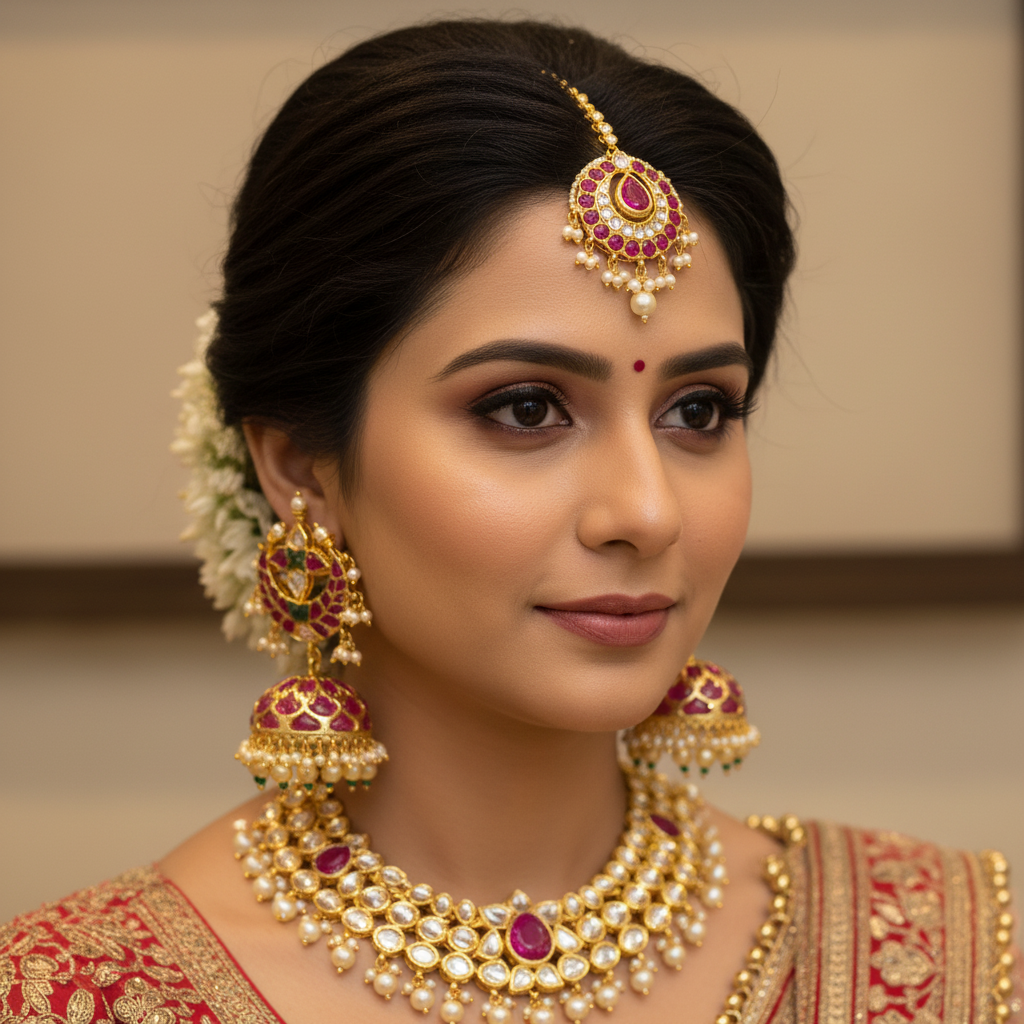 Kempu Kundan Chandbali Jhumki - Model Wear