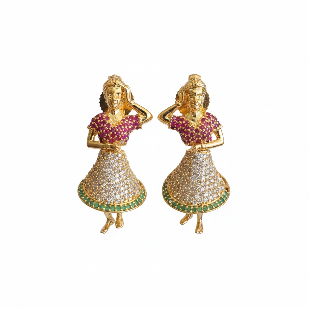Dancing Lady Figurine Jhumka Earrings Variant 1 - Ruby Pink Bodice White Background