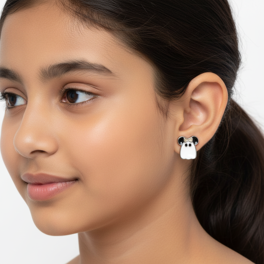 925 Silver White Bear Earrings for Kids - Character Studs with Bow