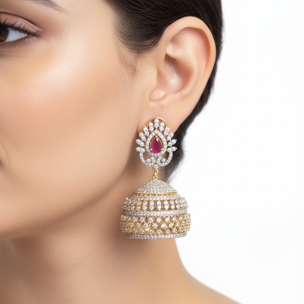 CZ Diamond Jhumka Without Drops - Model Wear White Background