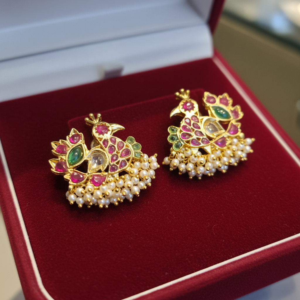 Kempu Duck Earrings on red velvet box