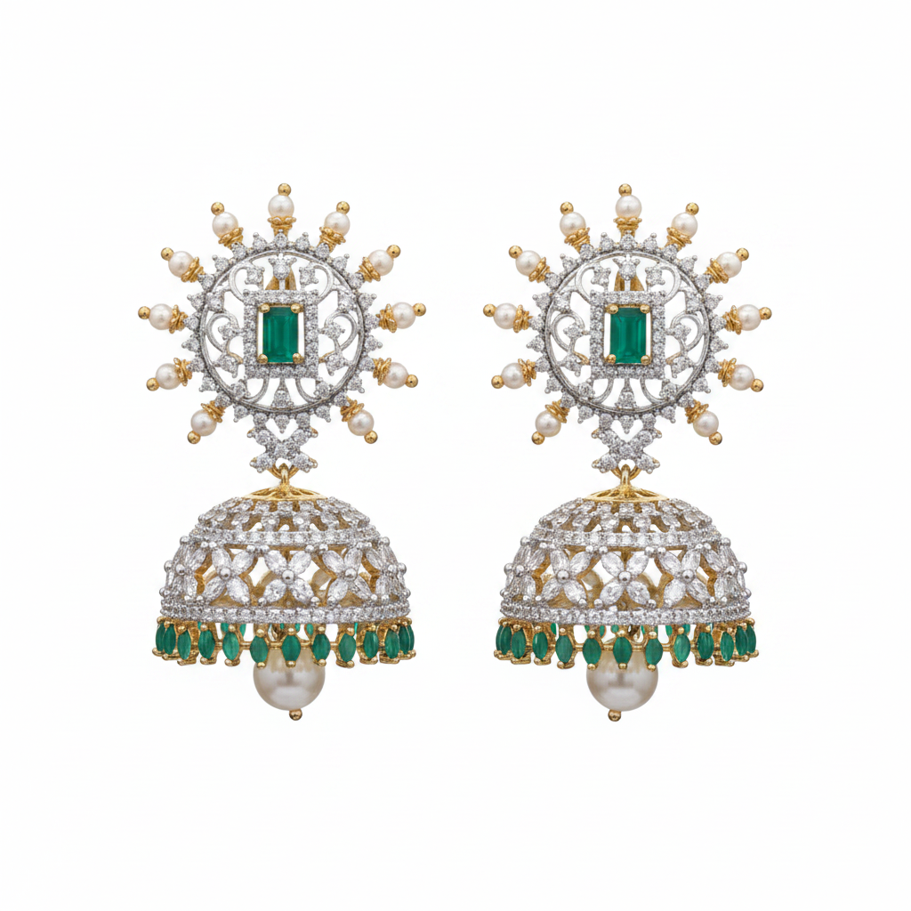 Green CZ Sunburst Jhumka - White Background