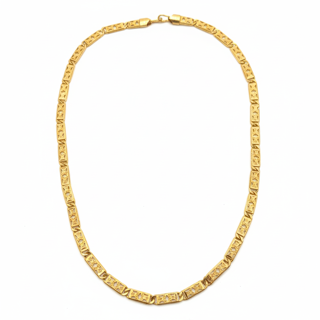 24K gold plated intricate geometric pattern chain on white background