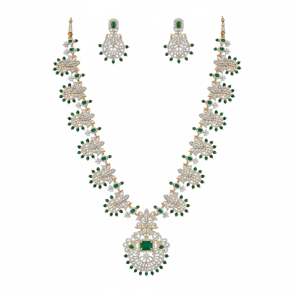 CZ Long Haram Necklace Set - Emerald Green - Flat Lay