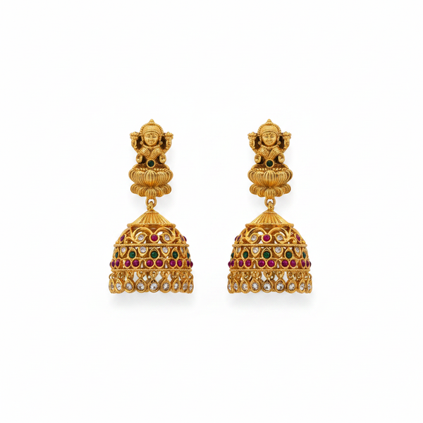 Goddess Laxmi Nagas Antique Kemp Jhumka Earrings flat lay on white background