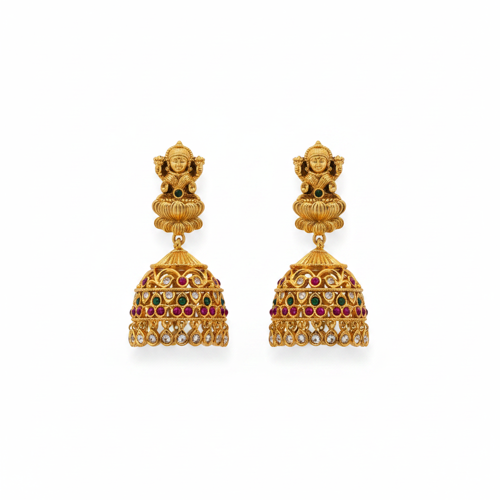 Goddess Laxmi Nagas Antique Kemp Jhumka Earrings flat lay on white background