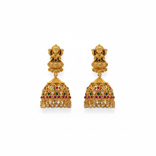 Goddess Laxmi Nagas Antique Kemp Jhumka Earrings flat lay on white background