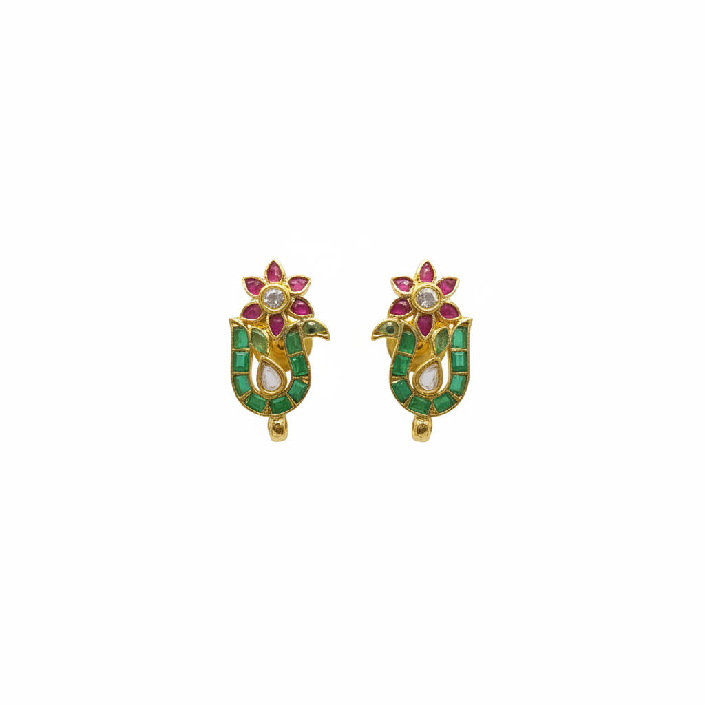 Handmade Emerald Peacock Stud Earrings on white background