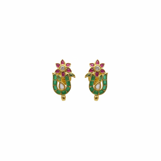 Handmade Emerald Peacock Stud Earrings on white background