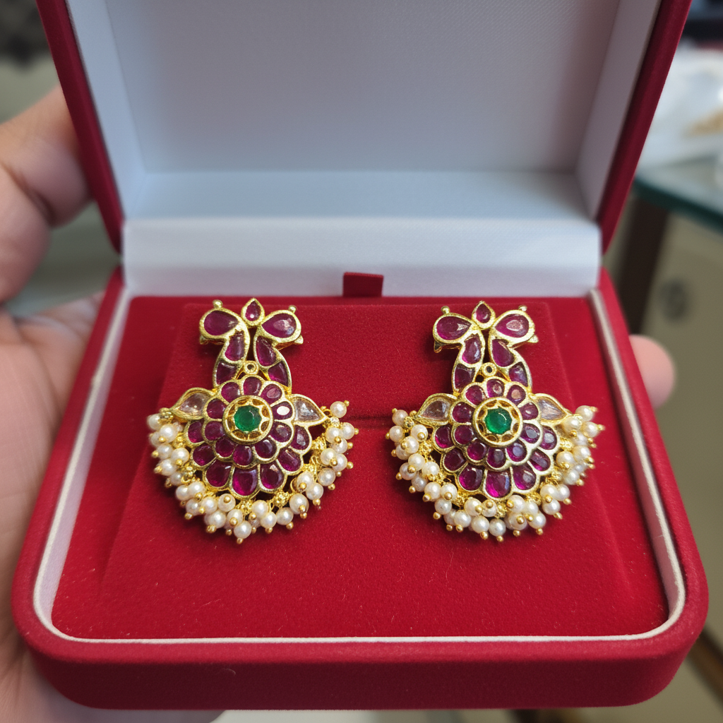 Kempu Gandabherunda Floral Earrings - In Box