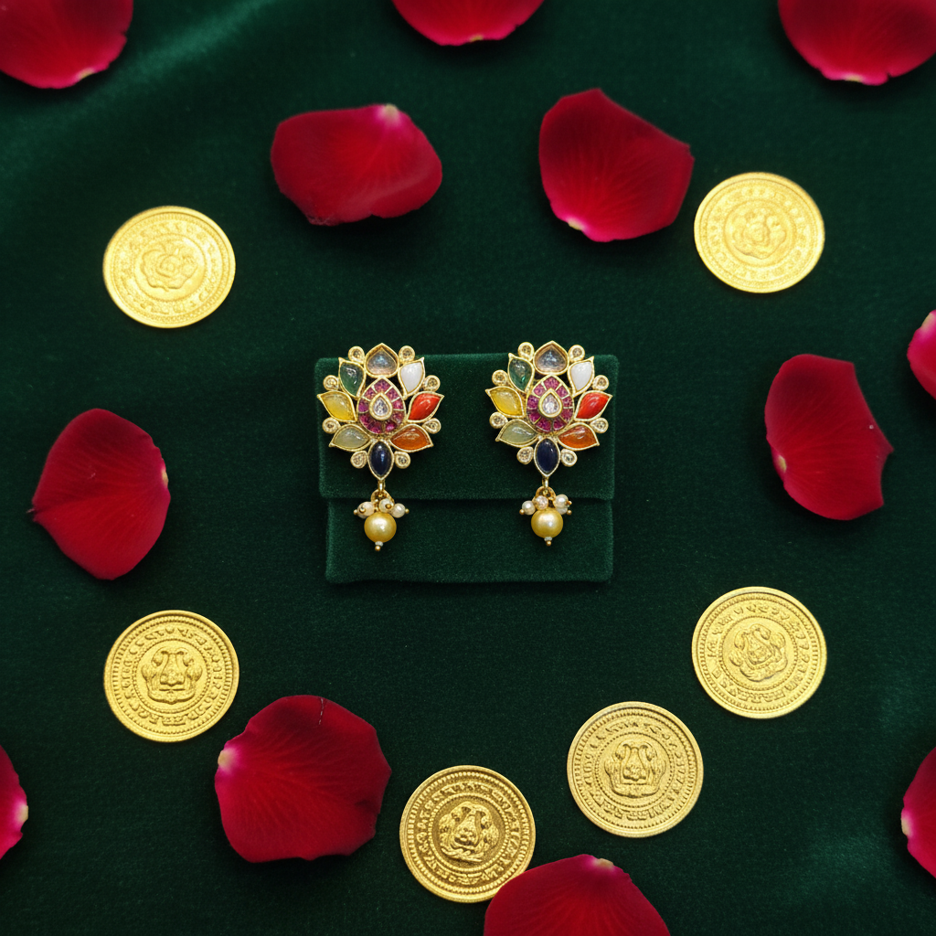 Navratna Lotus Earrings flat lay on green velvet with rose petals