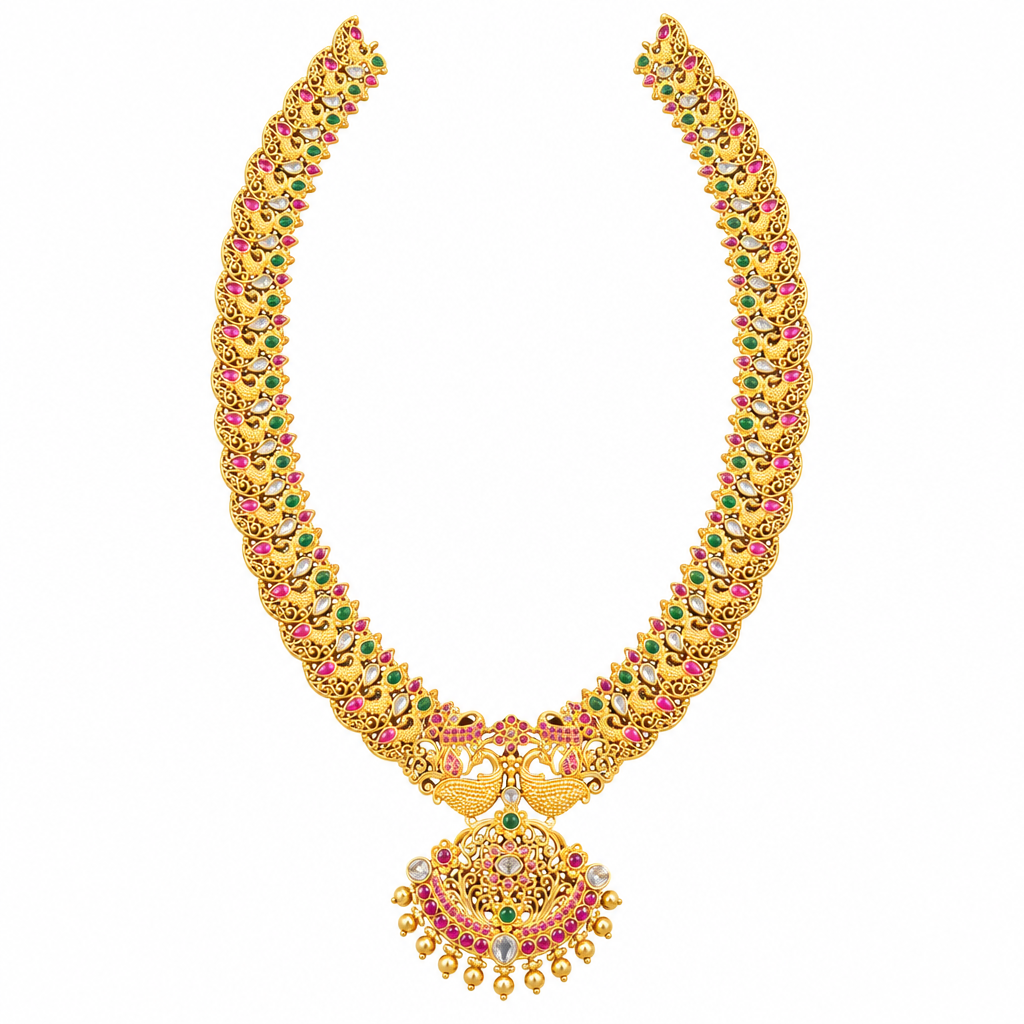Kempu Polki mango haram necklace on white background