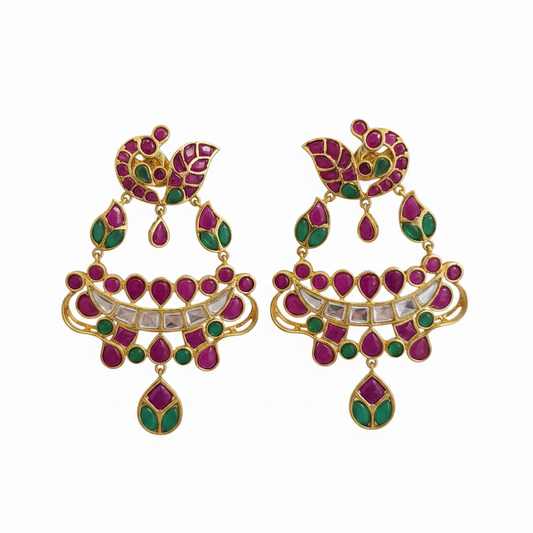 Kempu Polki Chandbali Earrings ruby emerald on white background studio shot